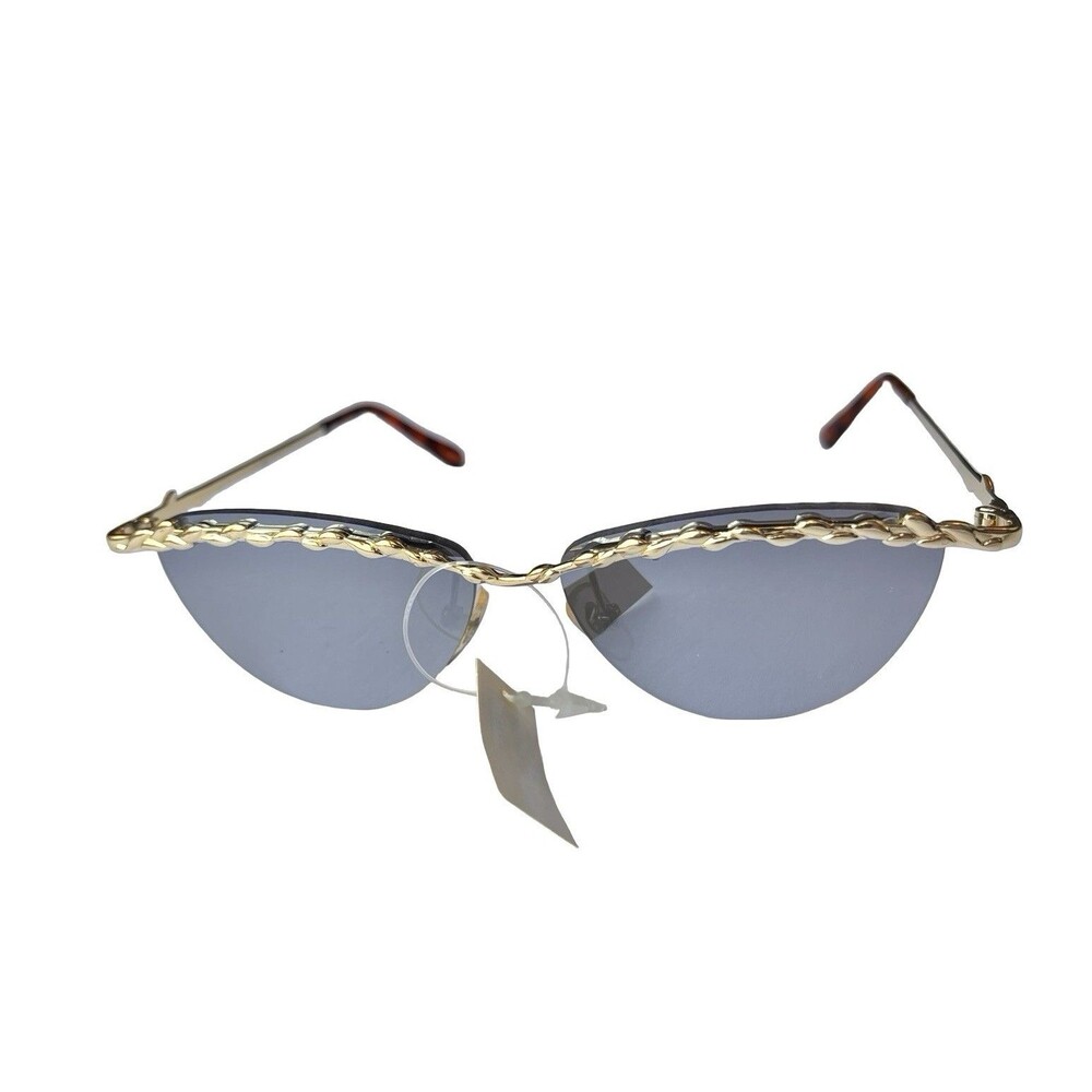 Y2K Rimless Sunglasses Silver Mirror Lens Gold Chain Frame Tortoise Retro NOS